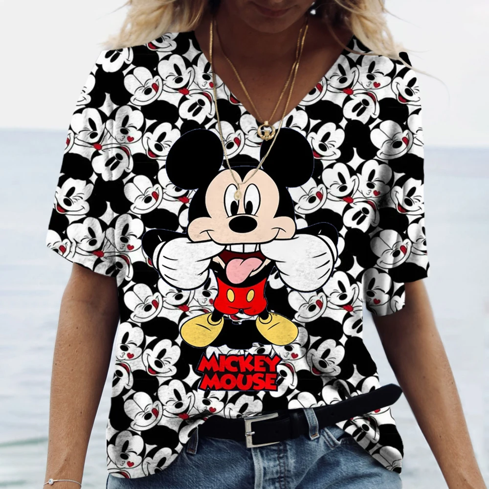 Top Women Disney Mickey Mouse Print Women\'s T-Shirt Oversized T-Shirt Popular Clothes Women Clothing Short Sleeve Tees Blouse V-