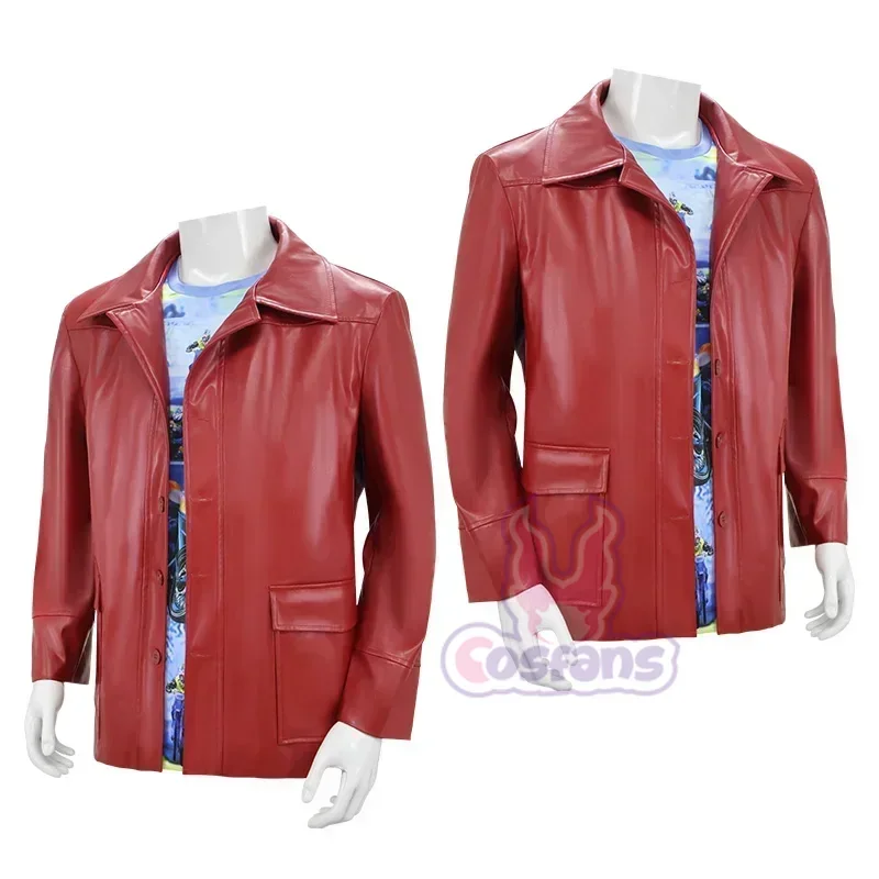 

Fight Club Tyler Durden Cosplay Costumes Tyler Durden Brad Biker Leather Jacket Red Coat Shirt Glasses Halloween Party Suit