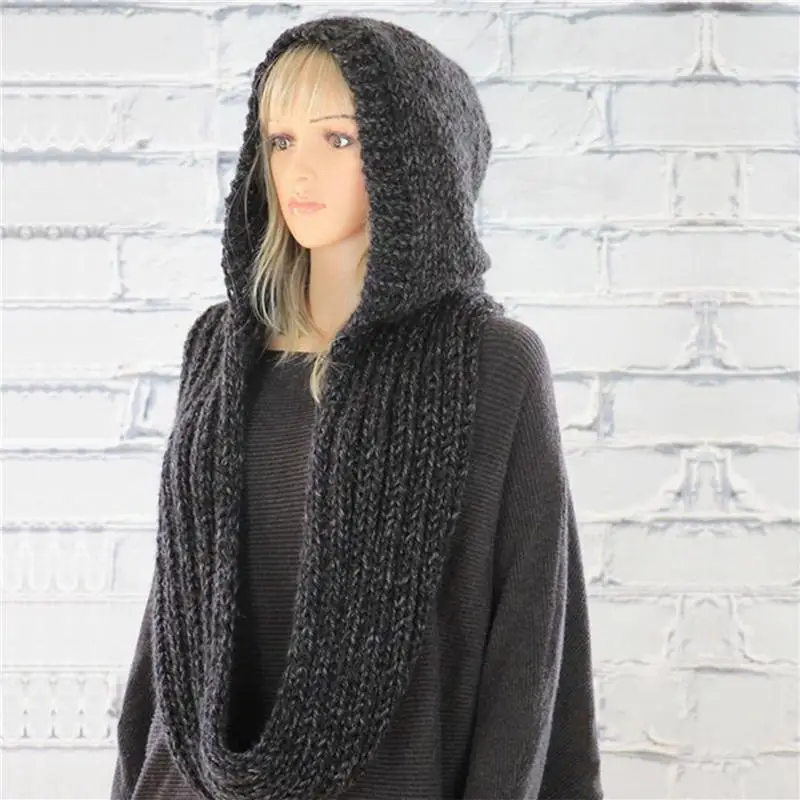 Fashion Hooded Scarf Women\'s Pure Color Cap Scarf Knitted Trend Scarf Beanie Hats for Women