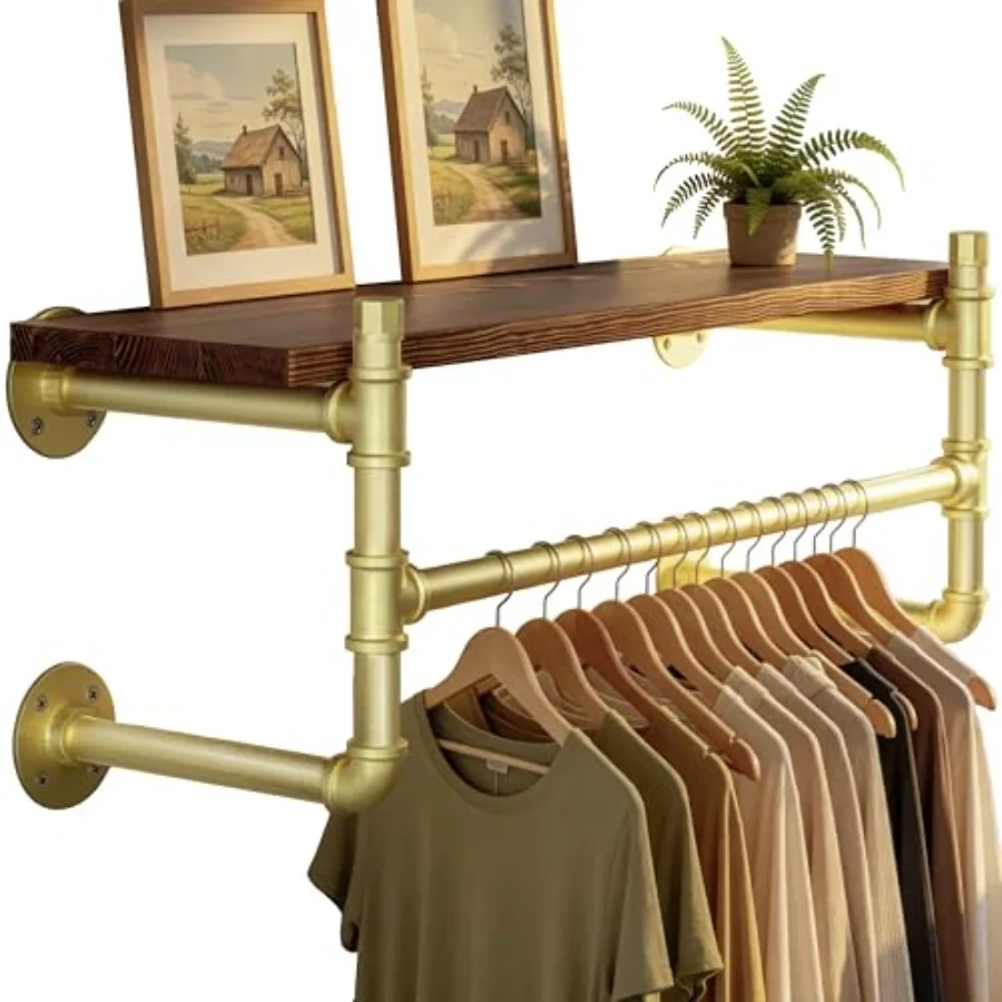

Wall Mounted Clothes Rack with Shelf,"dustrial Pipe Clothg Rack with Shelf with Hangg Rod, Heavy Duty Iron Garment Rack Bar, Re