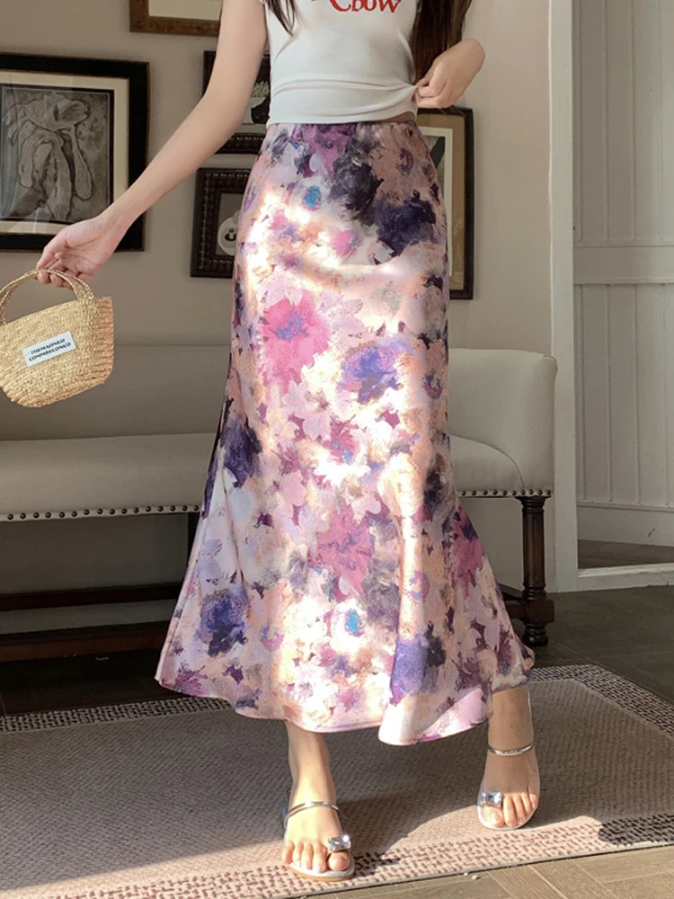 

New Vintage Women Spring Summer Floral Print Satin Long Skirts Trendy High Waist Elegant Skirts