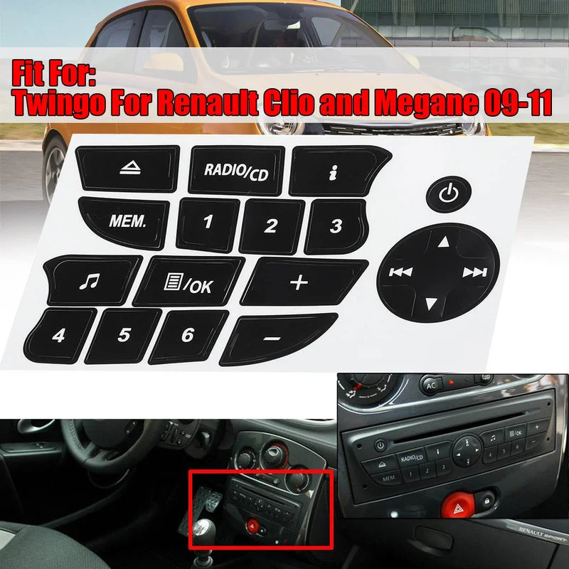 Car Interior Button Repair Stickers CD Radio Audio Button Repair Decals Decor for Twingo for Renault Clio and Megane 2009-2011