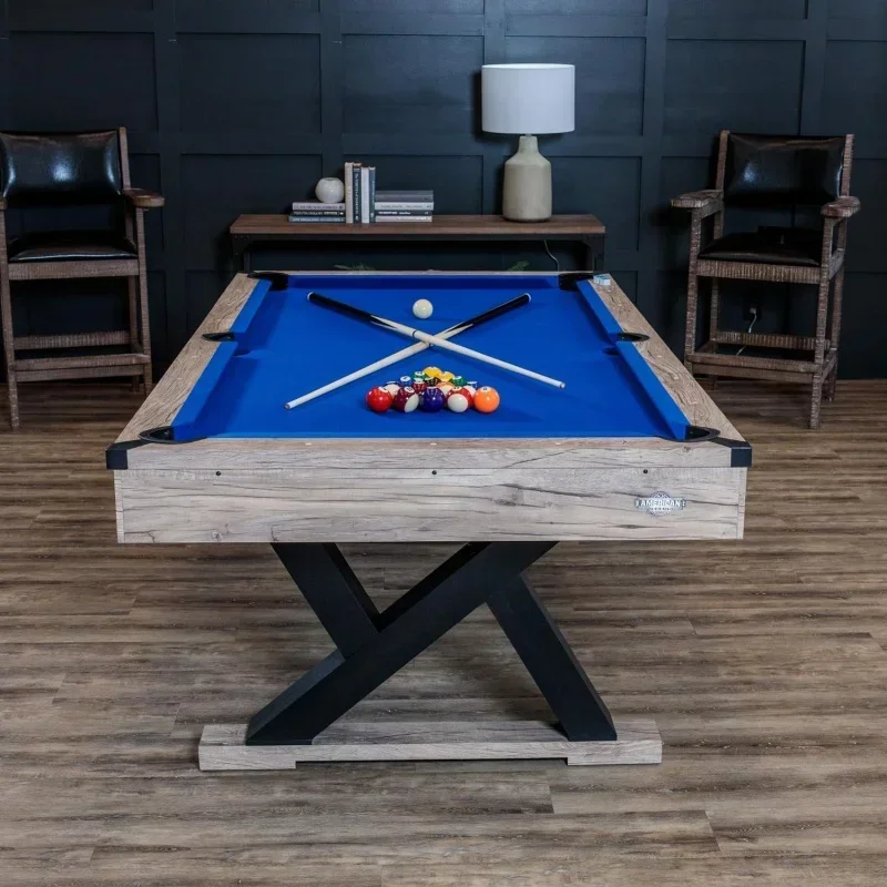 #   Mesa de bilhar American Legend Kirkwood 84" com acabamento loiro rústico, pernas em forma de K e tecido azul royal #