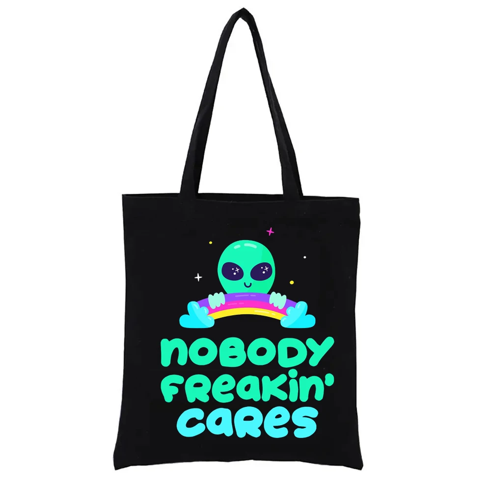 Nobody Freakin Cares Alien Graphic Tote Bag Extraterrestrial Print Shoppong Bags Handbags Funny Shopper Fashion Totebag Shopping