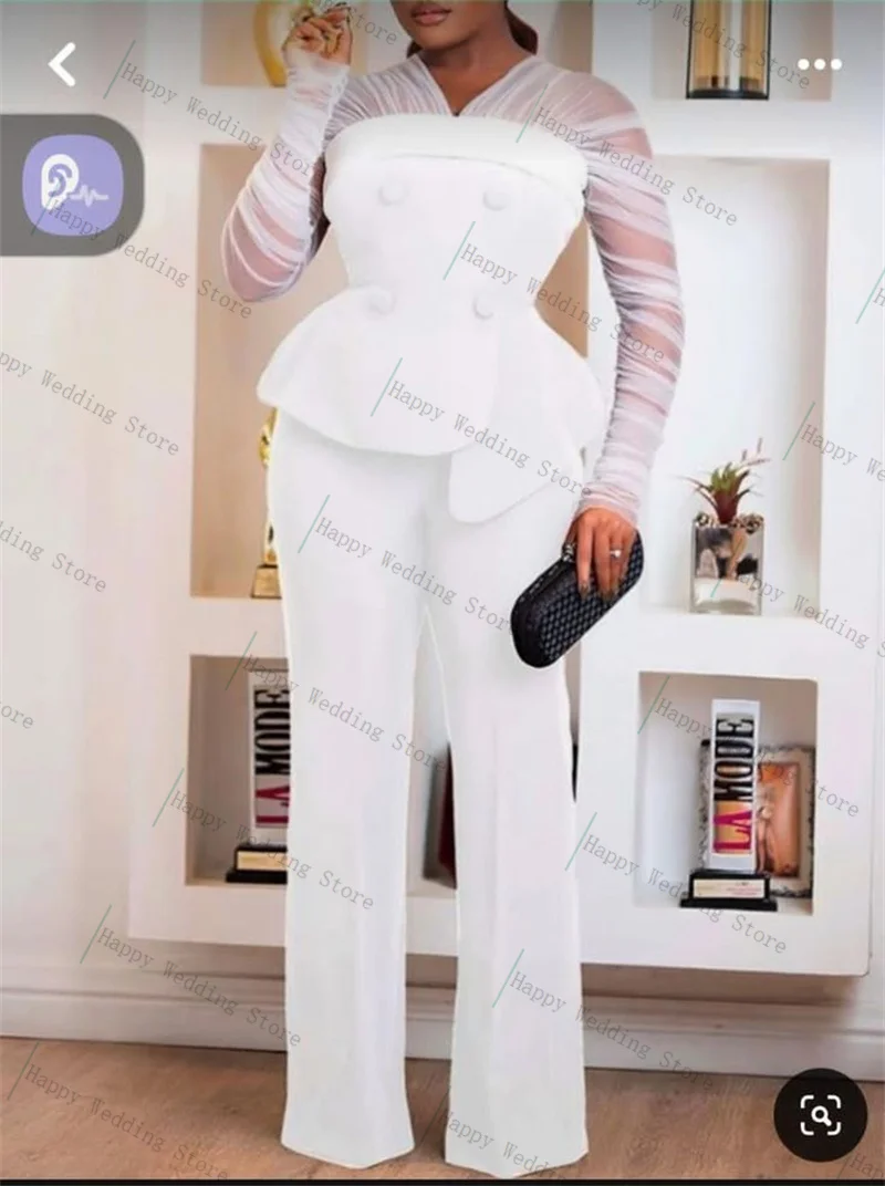 

Designer Women Suit Pants Set 2 Piece Blazer+Trousers Sexy Sheer Sleeve Autumn Formal Office Lady Customized Jacket Wedding Coat