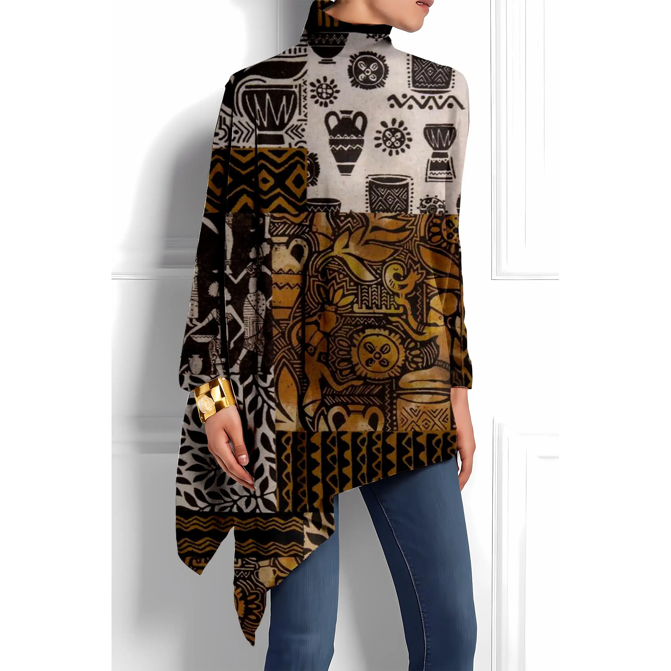 

Tribal Ethnic Style Women's Dress Street Fashion Vintage Irregular Hem High Neck Dresses Vacation Casual Long Sleeve Clothing