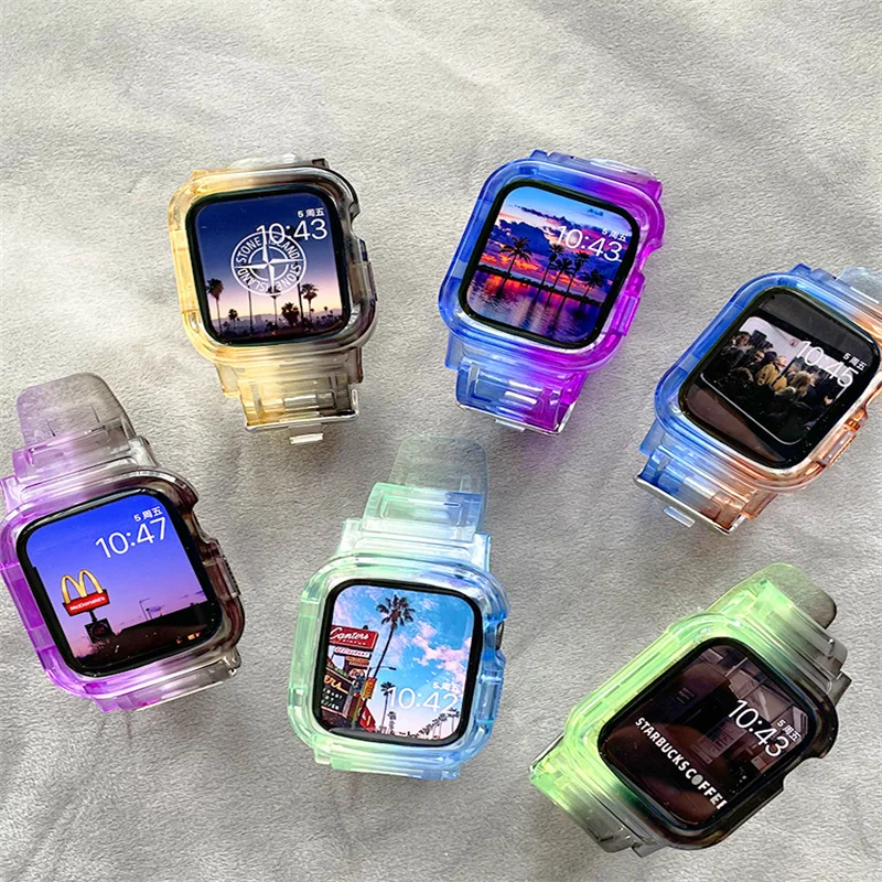 Gradient Clear Band For Apple Watch Series 8 7 6 5 4 Transparent Silicone Bracelet For Iwatch 41 45 42 38 40 44mm New Case+Strap