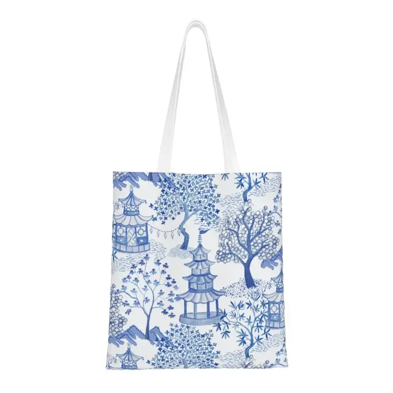 Cute Pagoda Forest Shopping Tote Bag Reusable Blue Delft Vintage Chinoiserie Canvas Grocery Shoulder Shopper Bag