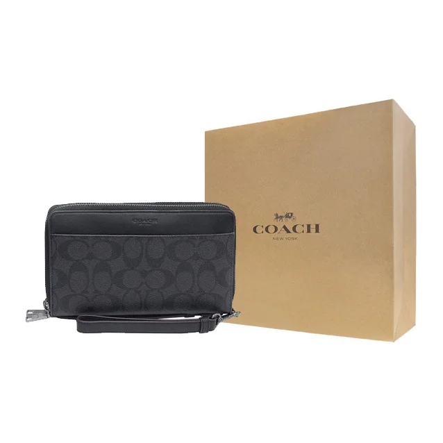 COACH Double Zip Wallet Coated Canvas With Leather Card Holder, Wallet Small Men's Black 67626-N3A