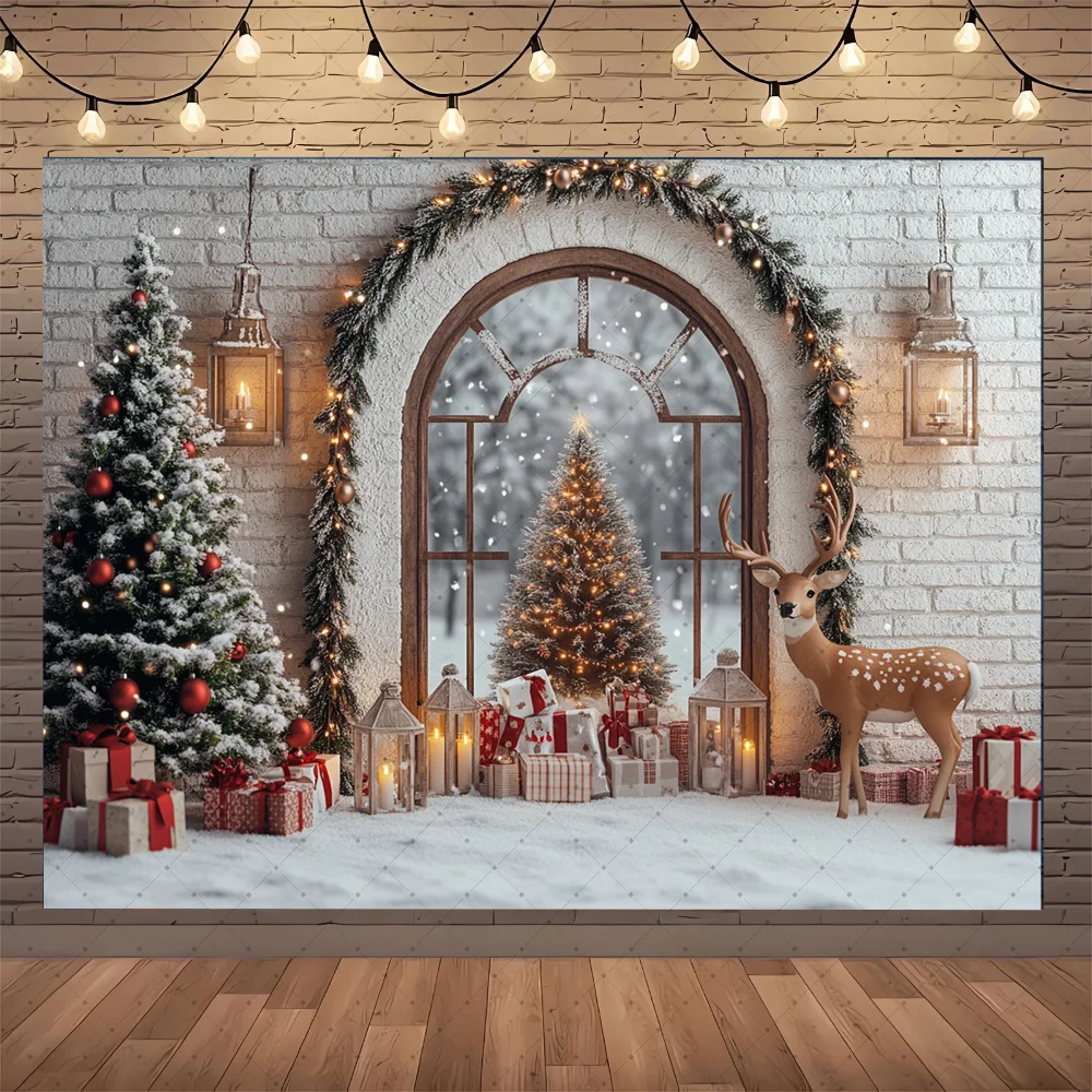 ฉากหลังถ่ายภาพซุ้มพวงหรีดคริสต์มาส ประกายกลิตเตอร์ ต้นคริสต์มาส ของขวัญ หน้าต่าง ฉากหลังฤดูหนาว สำหรับถ่ายภาพวันเกิดเด็กในสตูดิโอ