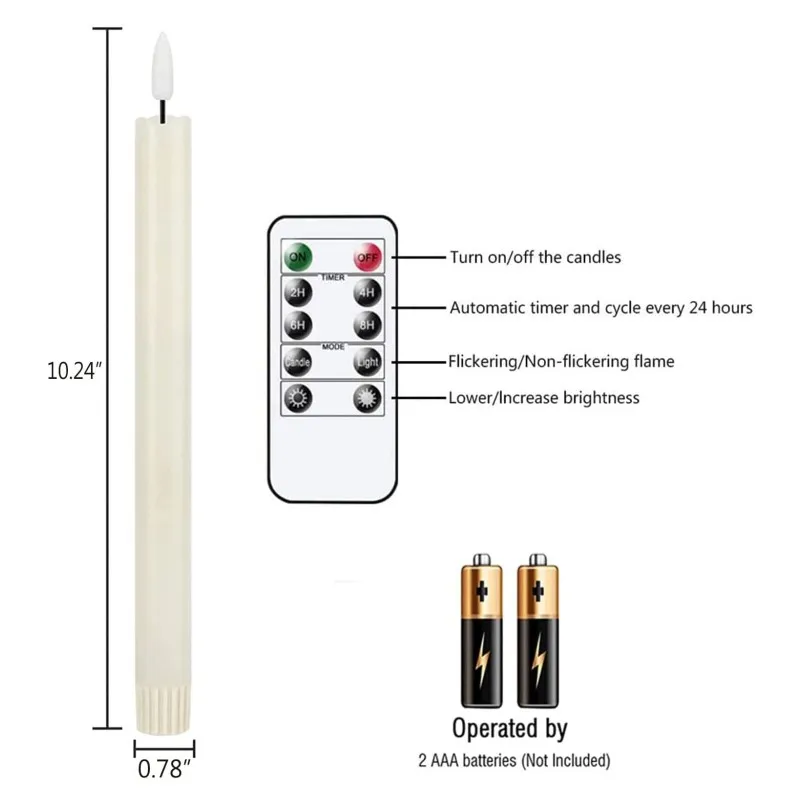 10 นิ้ว LED Flameless Taaper เทียนแบตเตอรี่ดําเนินการปลอมริบหรี่เชิงเทียนไฟฟ้าเทียนยาวสําหรับงานแต่งงาน Dec 6pcs