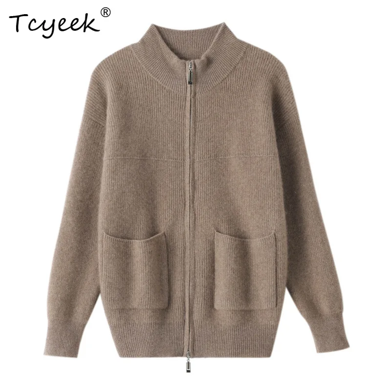 

Tcyeek 100% Wool Zipper Cardigan Autumn/Winter New Women's Knitted Jacket Long Sleeved Woolen Versatile Sweater Tops T30364QC