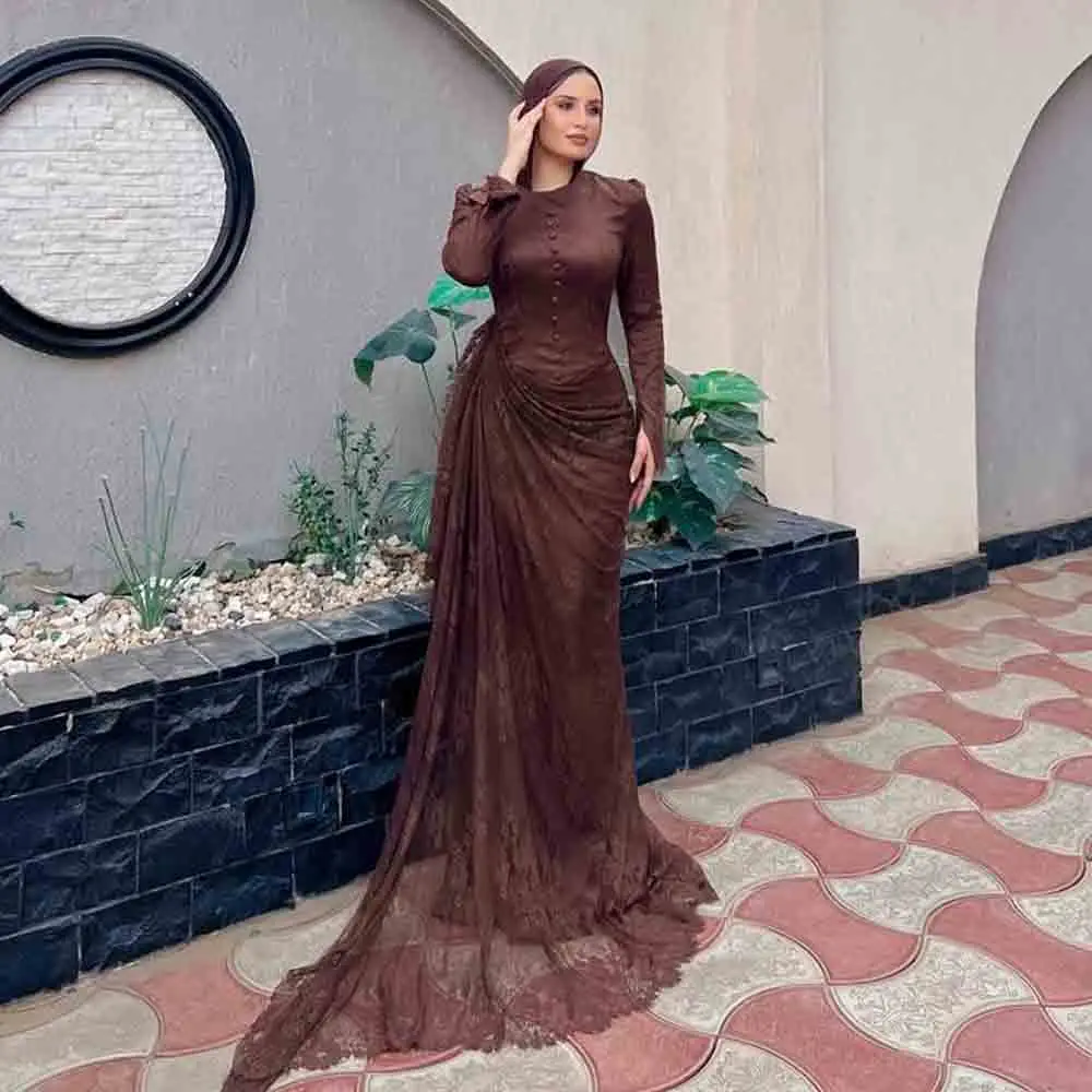 Customized Modest Evening Dress With Matching Hijab O Neck Full Sleeve Islamic Party Gown Draped Modest Birthday Dresses