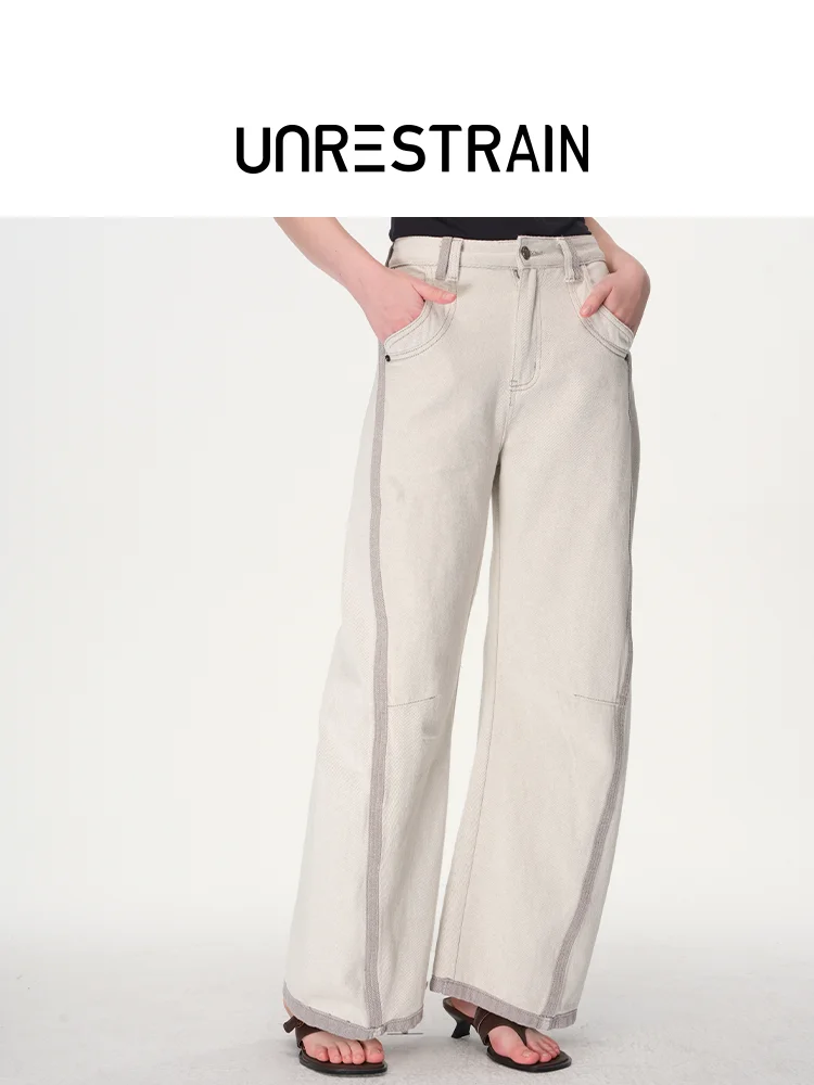 

Casual Women's Jeans Pants Asymmetrical Design Color Blo l Waist Button Closure Four Seasons UNRESTRAINUNR Brand