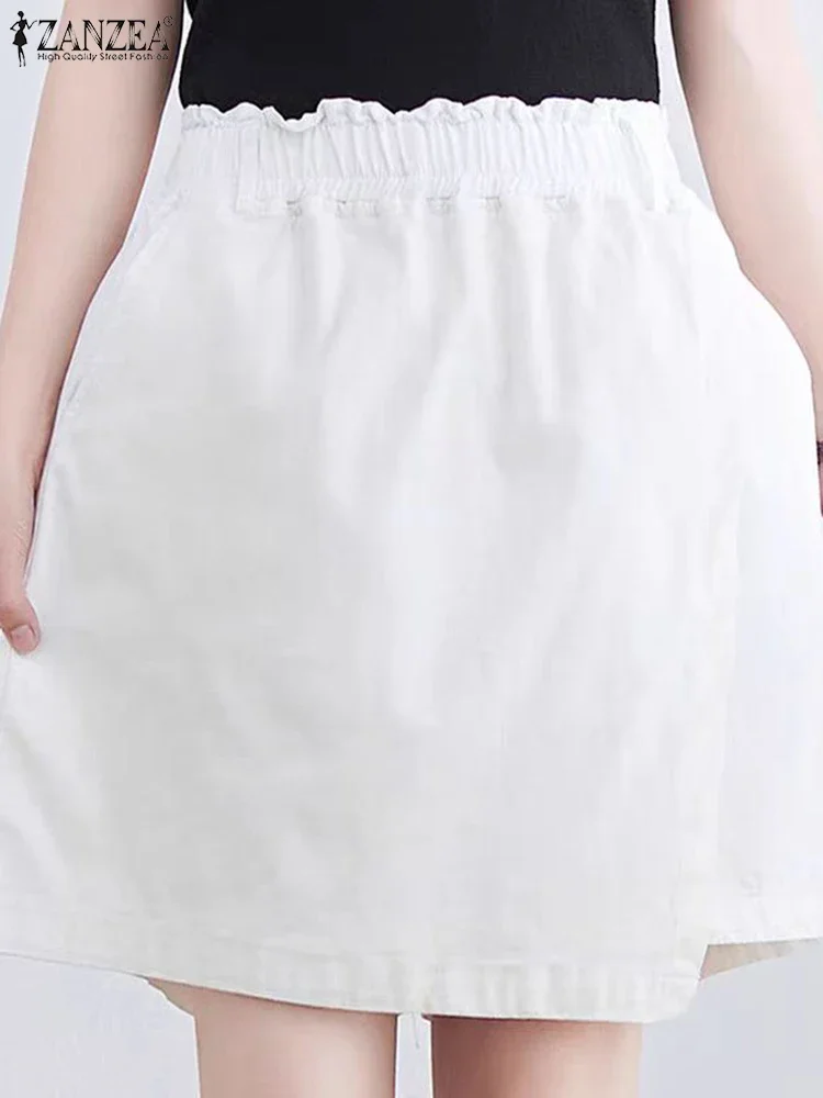 ZANZEA 2025 Damskie Letnie Szorty Spódniczki Elastyczna Talia Jednolite Szorty Codzienna Moda Wysoki Stan Kieszenie Vintage Oversize Szorty