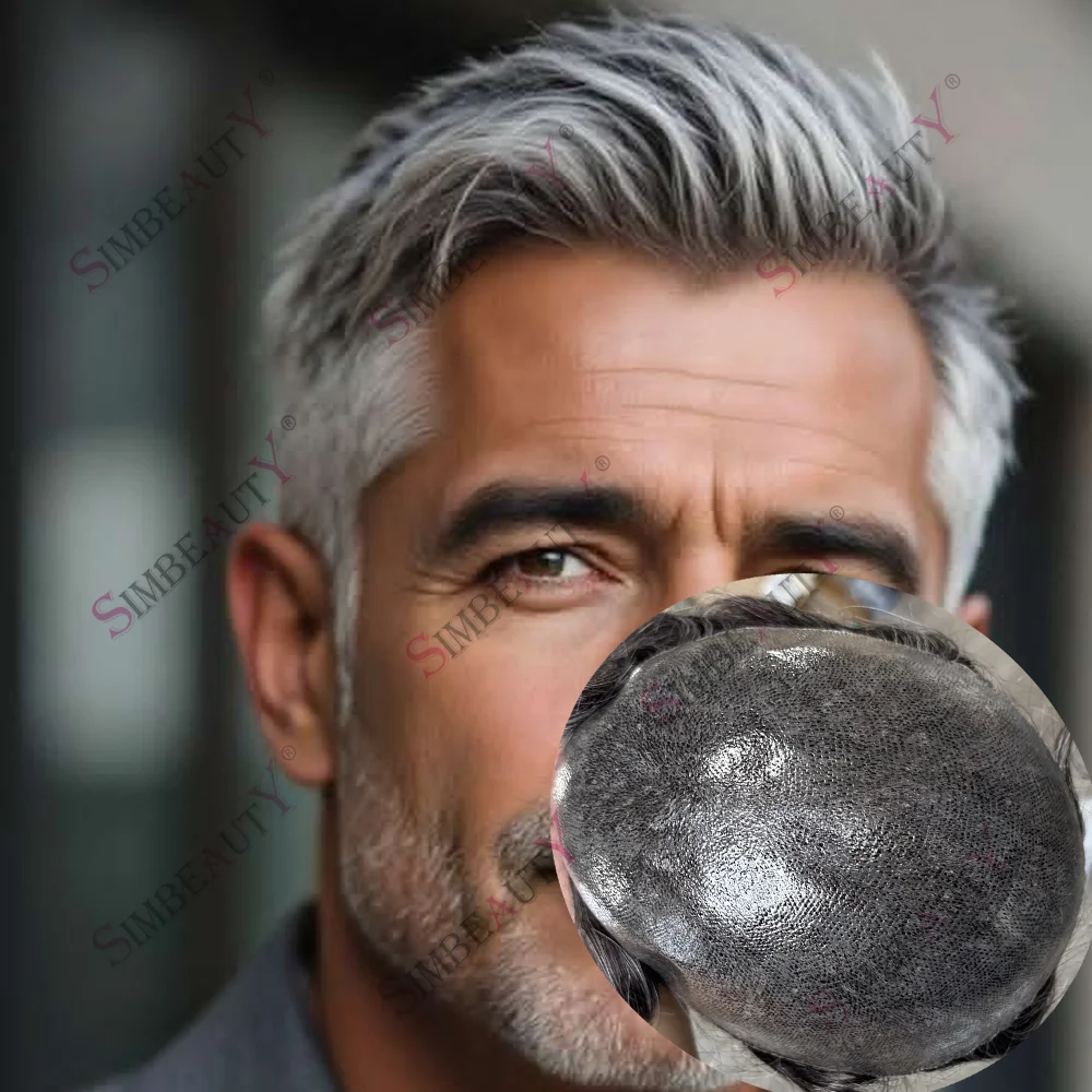 

Super Natural Hairline 130Density 0.1mm Injection Undetectable Thin Skin Prosthesis Men's Toupee 1b20 1b65 Black Grey Human Hair