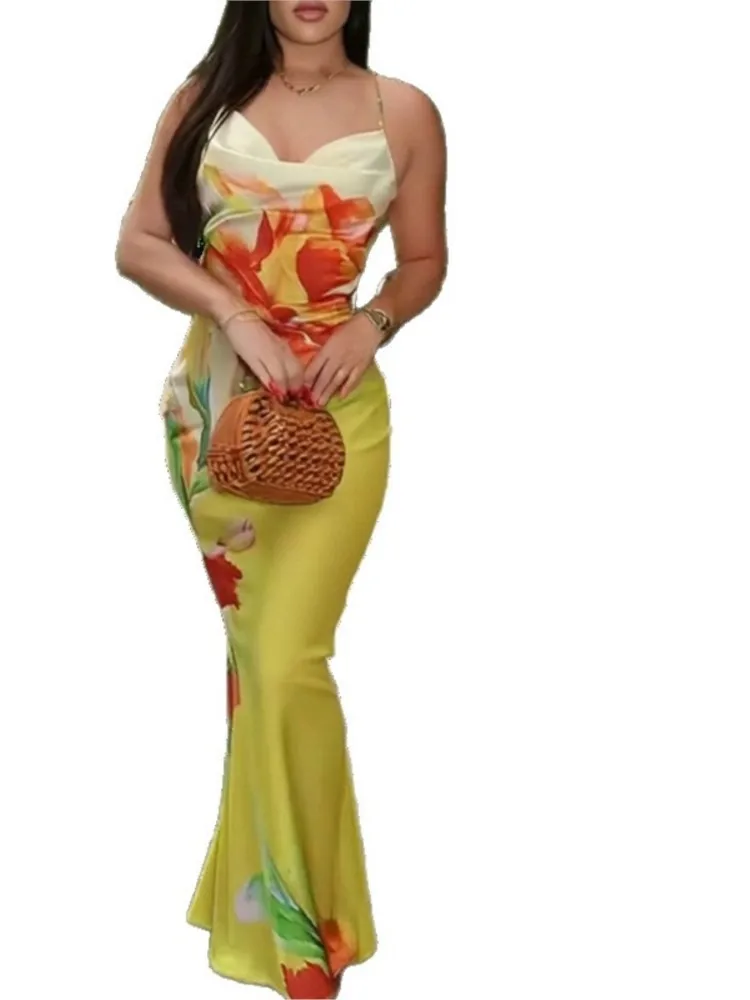 Été couverture Ups femmes maillot de bain Spaghetti sangle Robes maillot de bain 2026 nouvelle fleur impression plage vacances Maxi Robes couverture