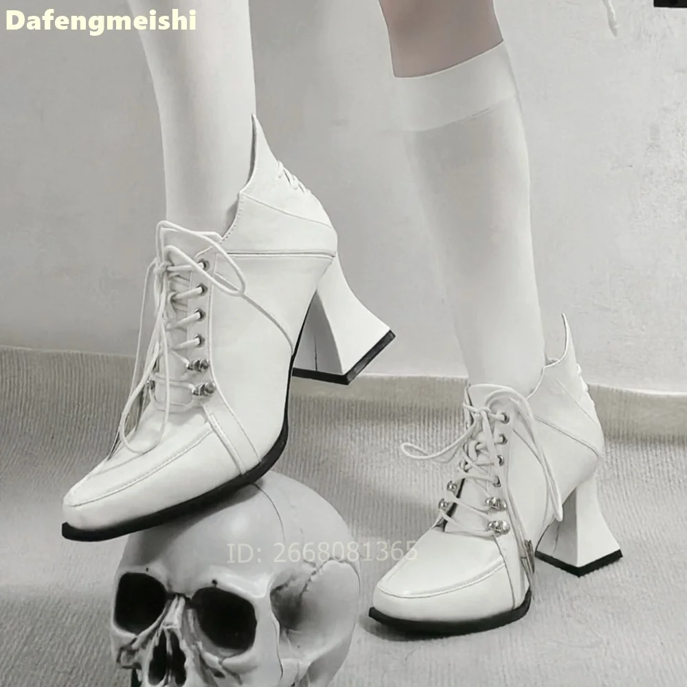 White Leather Square Toe Ankle Boots Front & Back Lace Up Block Heels Women Gothic Lolita Cosplay Daily Elegant Fashion Boots - view 5