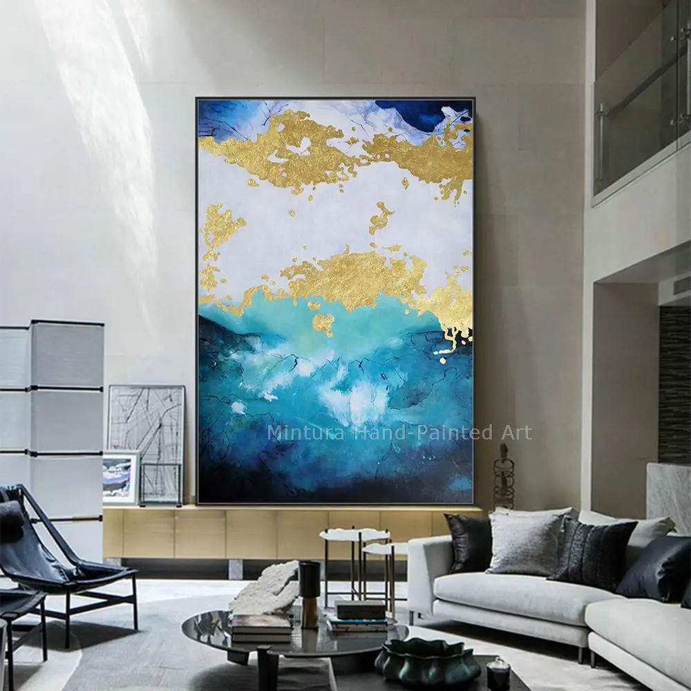 Large Original Handpainted Handmade Abstract Modern Blue Sea Brightens Golden Oil Painting On Canvas,Wall Art,Picture Home Decor