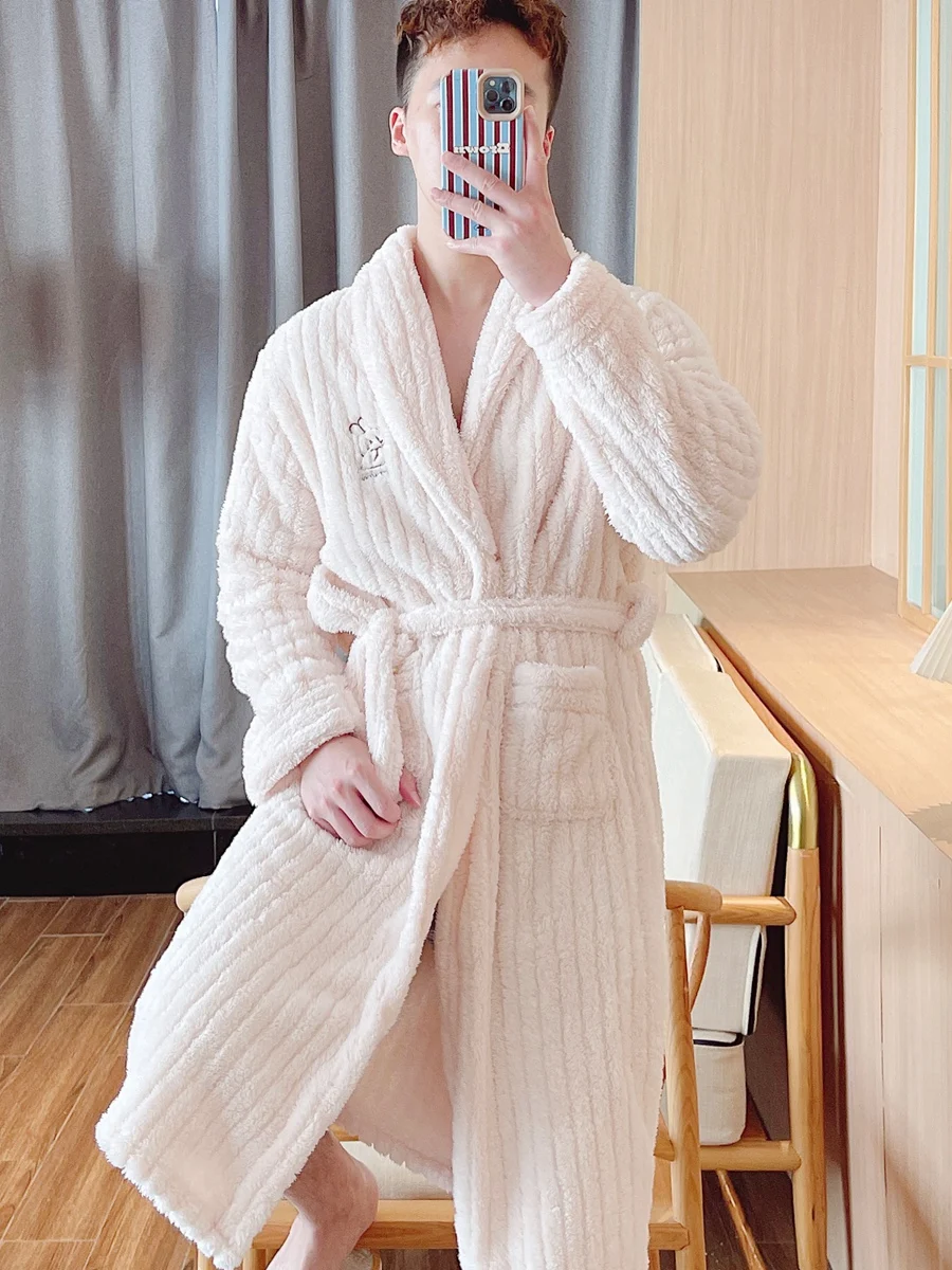 

Men's Thiened Coral Fce Robe Long Flannel Spwear Home Clothes Morning Robe Mid-Length Luxury Home Sle Polyester Fiber