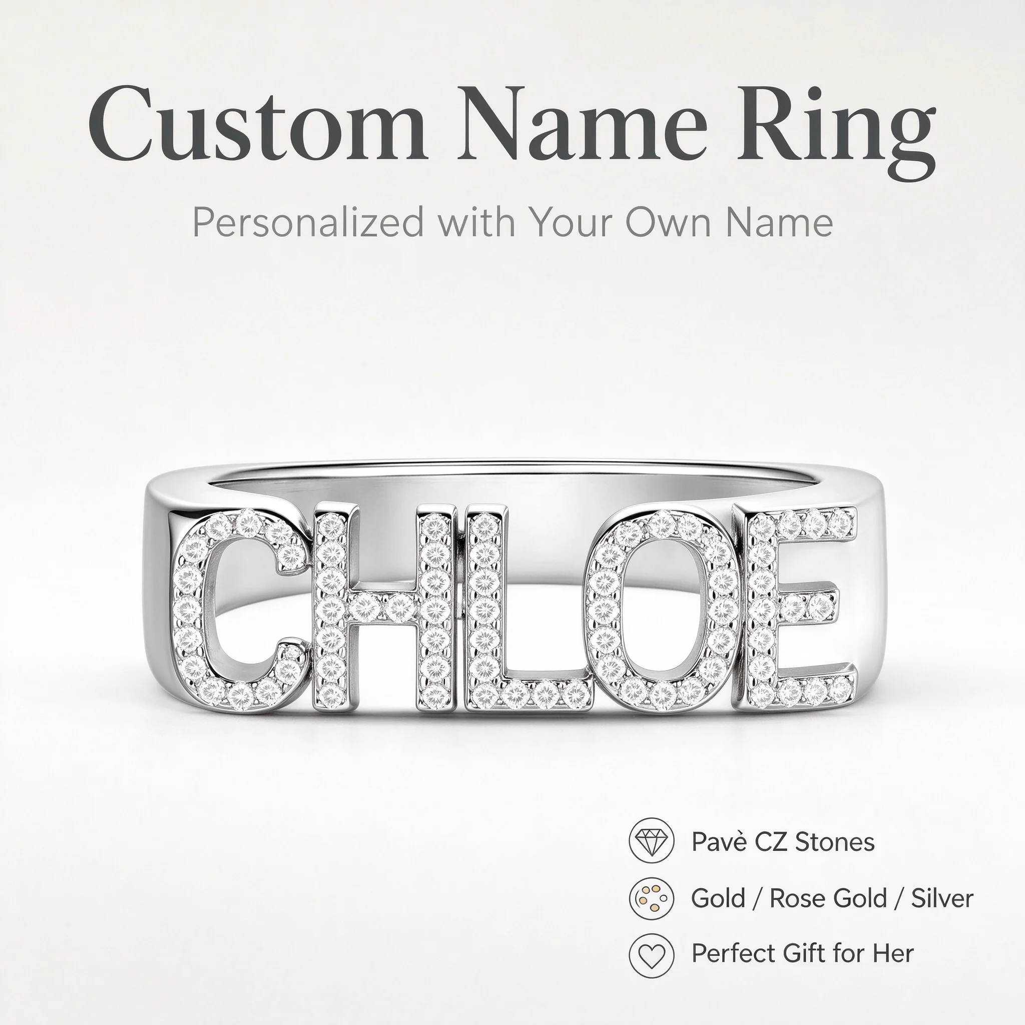 Dascusto Personalisierter Namensring mit Diamanten, 3D-Ring, geschlossener Ring aus Kupfer, personalisierter Ring mit Diamantenbesatz, Initialenring, Geschenk für Frauen