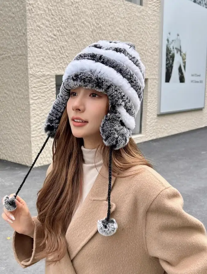 Women's Winter Real Rex Rabbit Fur Hat with Earflap Fur Pompom Bomber Caps Russian Hat Ushanka Trapper Snow  Outdoor Headwear