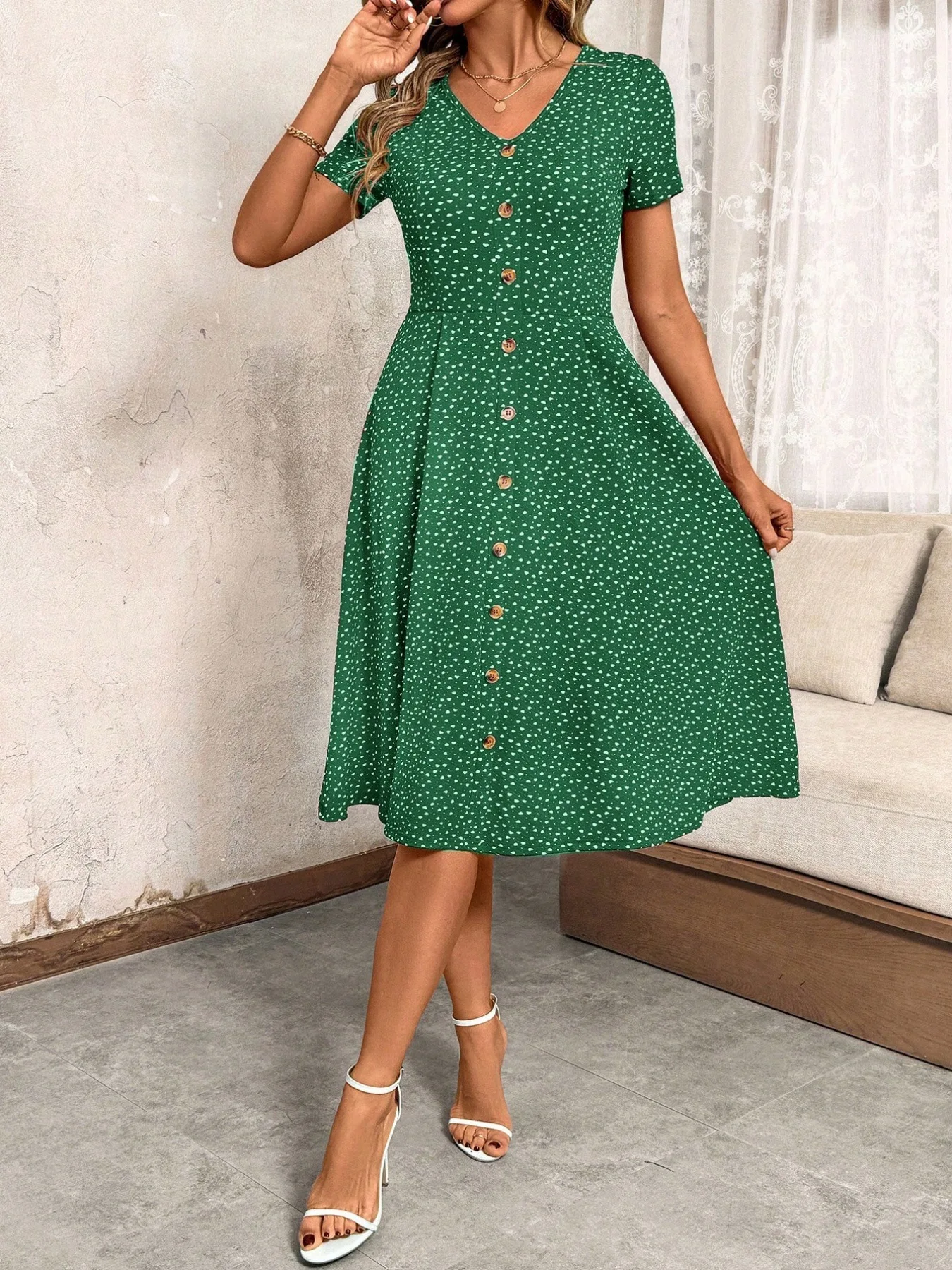 Damen Polka Dot V-Ausschnitt Midikleid Lässiges Knopfleisten-Kurzarmkleid A-Linie Swing Sommer Strandkleid – Detail 12