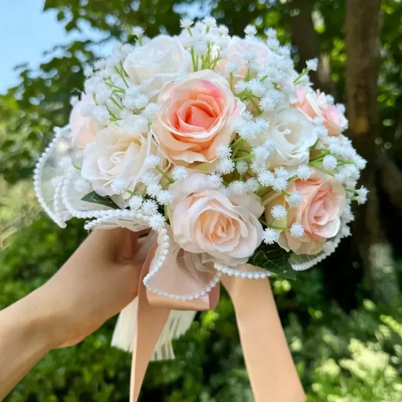 Ramos de boda para novia Babysbreath, ramos de dama de honor con rosas, cinta de seda, decoración del Día de San Valentín, bola de malla de encaje