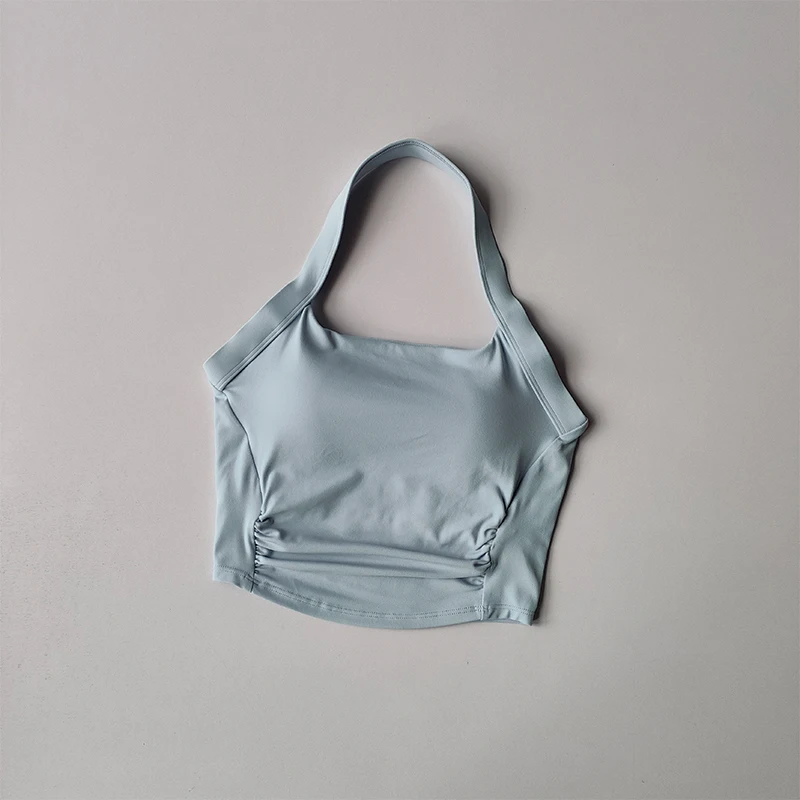 Neckholder-Sportunterwäsche mit festen Brustpolstern, Fitness-Plissee-Yoga-Anzug, integrierter BH, sexy Träger, schöner Rücken. – Detail 7