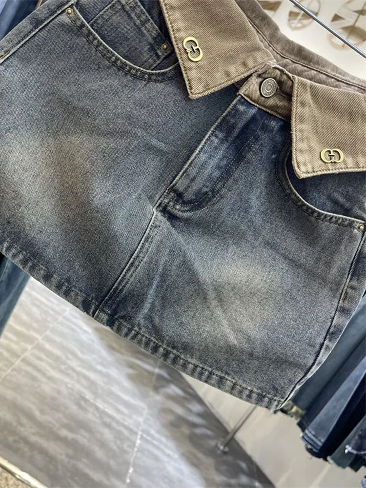 Color Blocking Denim Skirt for Women Retro High Waisted Blue Hip Hugging Short Skirt 2026 New Summer Anti Glare Half Dress