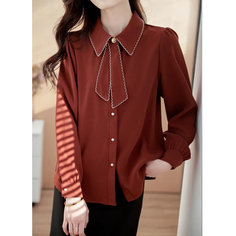 Women Clothing 2024 Spring Autumn Korean Fashion Bow Tie Shirts Vintage Elegant Office Lady Blouse Casual Long Sleeve Loose Tops