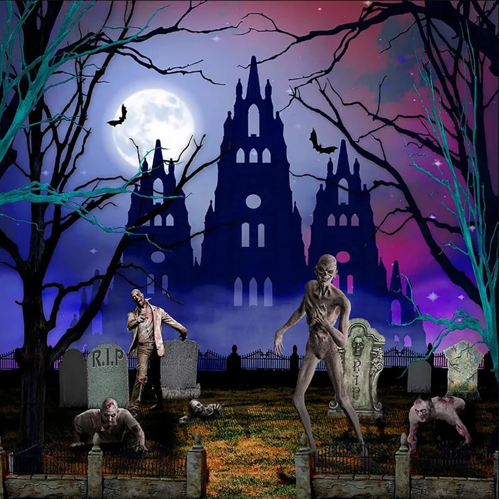 Horror Zombie Bats Thriller Ghosts Haunted Graveyard Cemetery Castle photo backdrop Halloween photography studio background