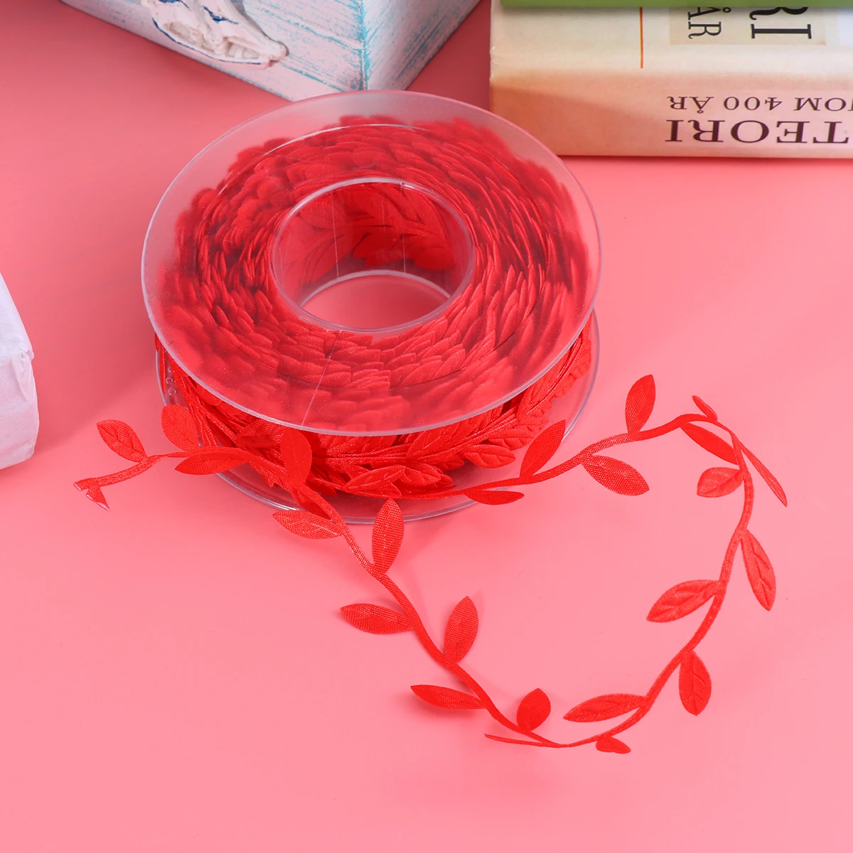 

Red Leaf Shape Ultra Sonic Embossed Ribbon Durable Polyester Gift Wrapping Strip Diy Craft Decorative Bands For Party Supplies