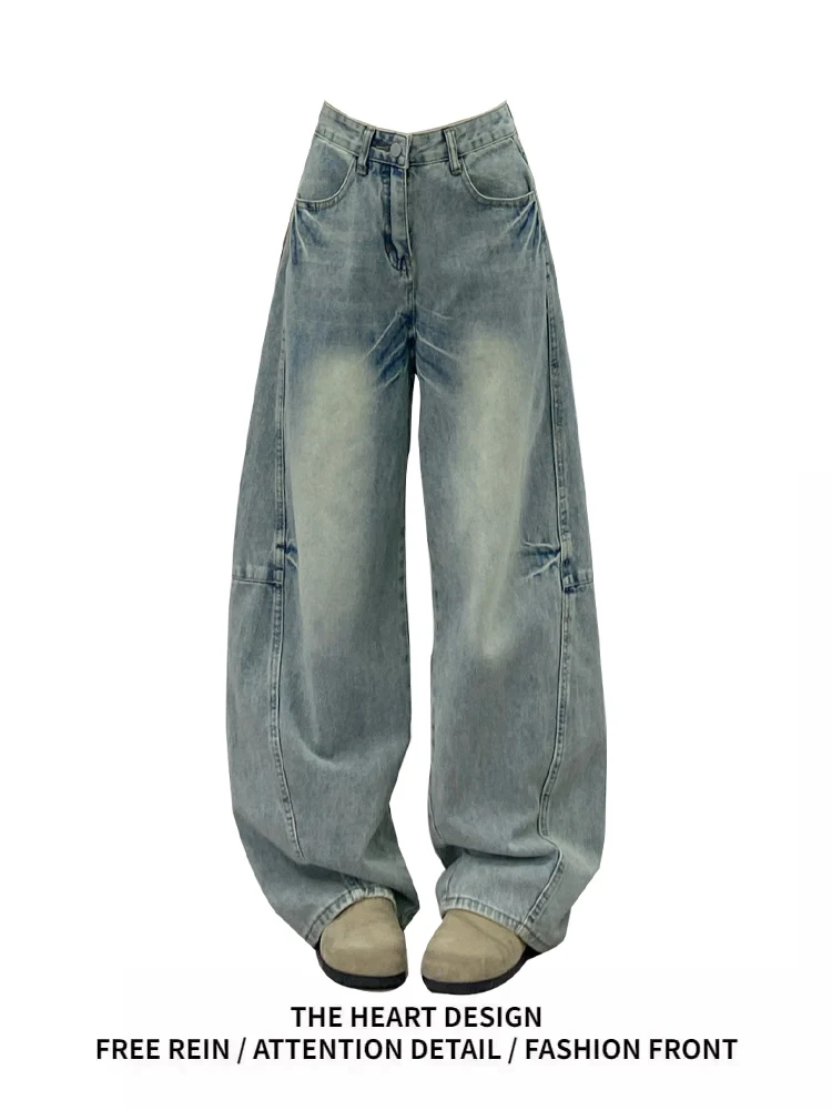 กางเกงยีนส์ทรงขากว้างเอวสูงสไตล์อเมริกันย้อนยุค ดีไซน์ขาดๆ เซอร์ๆ สำหรับผู้หญิง สวมใส่สบายๆ