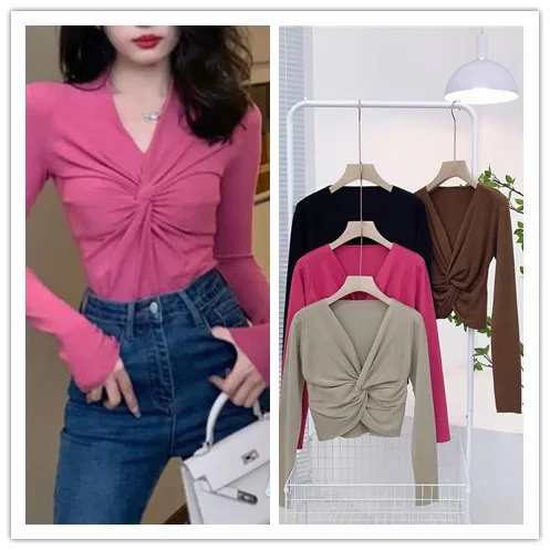 7304 الخريف الشتاء 14-إبرة كثيفة هونغ كونغ نمط الخامس الرقبة تويست سليم صالح مثير قاعدة قصيرة قميص أعلى