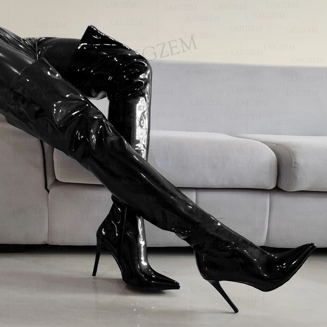 LAIGZEM Women Thigh High Boots Pointed Toe Stiletto High Heels Boots Shiny Over Knee Ladies Shoes Woman Big Size 38 41 44 47