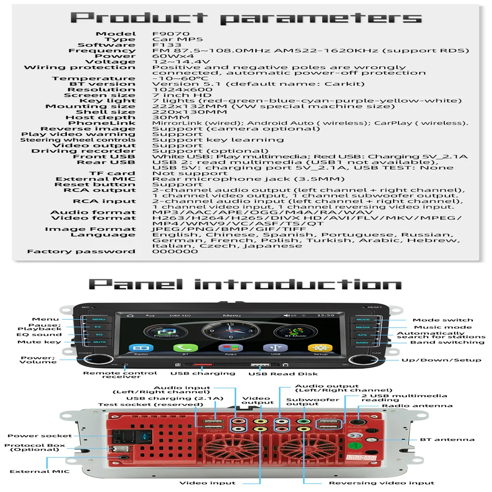 Rádio Central Multimídia para Carro, 2 Din, 7 \