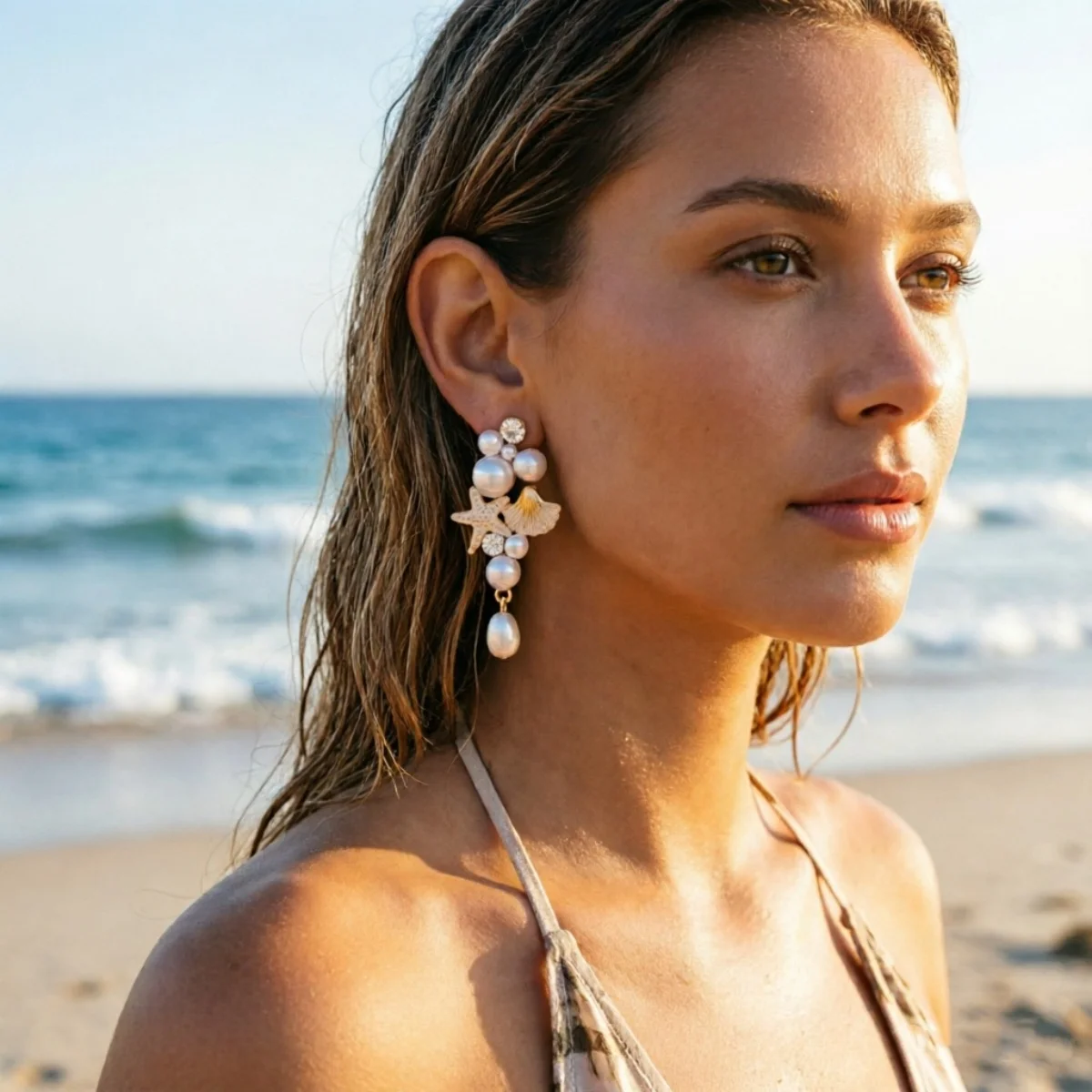 Sommerliche Imitationsperlen-Seestern-Muschel-Quasten-Ohrringe, Boho Ozean Strand Muschel Stern Hängeohrringe, Trendiger Urlaubsschmuck – Detail 8