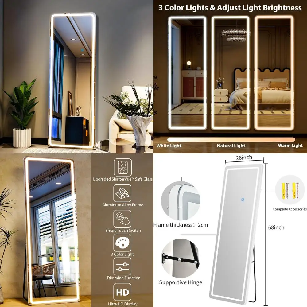 LED-beleuchteter Ganzkörperspiegel, gehärtetes Glas, 26"x68", einstellbare Helligkeit, 3 Farboptionen, an der Tür montierbar, stehendes Design