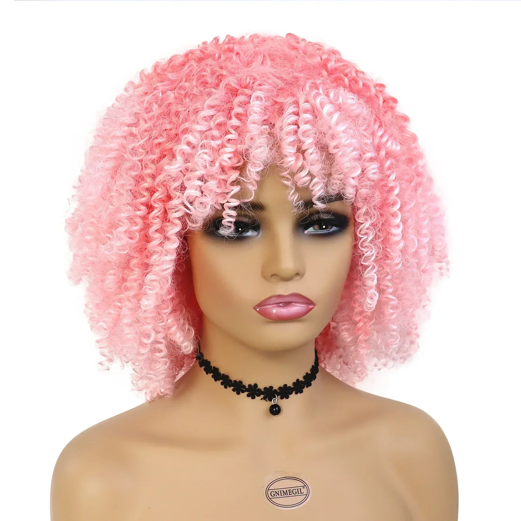 Pelucas rosas cortas sintéticas con flequillo, peluca Afro rizada Natural para mujeres, estilos de cabello sueltos y esponjosos, venta de liquidación, peluca barata para Cosplay
