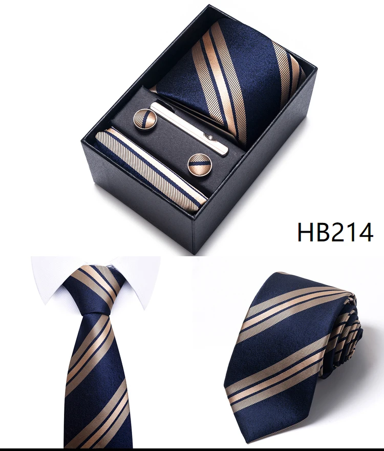 Krawatte Taschentuch Manschettenknopf Set für Männer Krawatte Urlaub Geschenkbox Blau Gold Anzug Zubehör Schlanke Hochzeit Gravatas – Detail 20