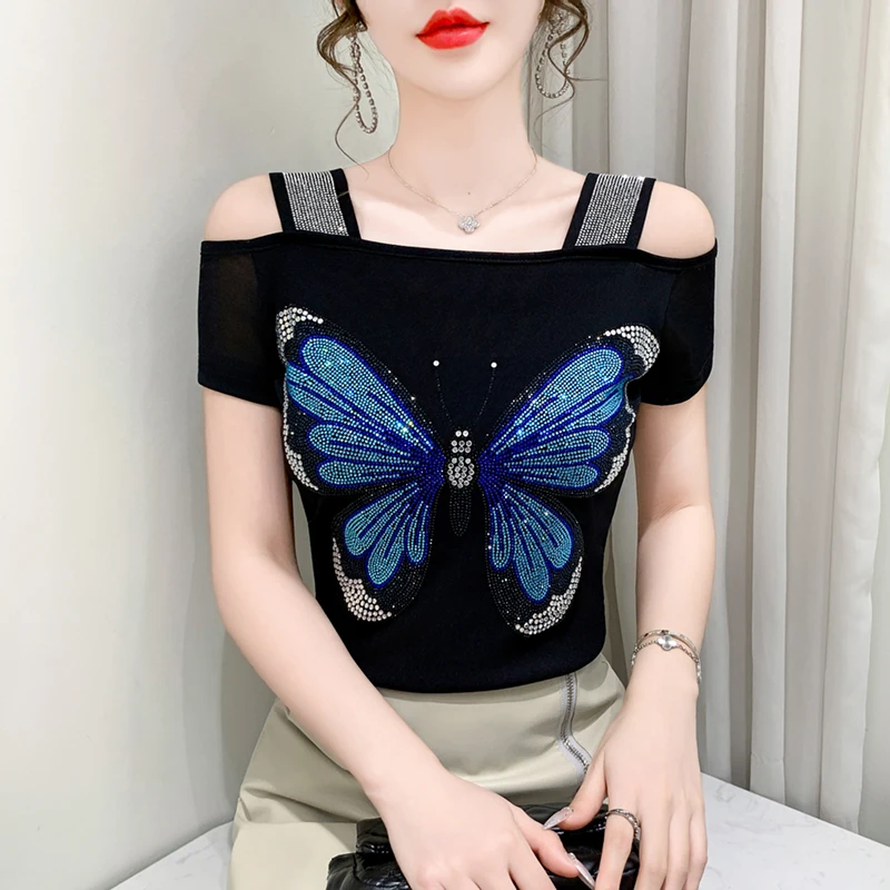 2026 M-3XL European Brand Ladies T-Shirt Cute Butterfly Hot Diamonds Design Women's Clothes Top Tees Tshirt camiseta
