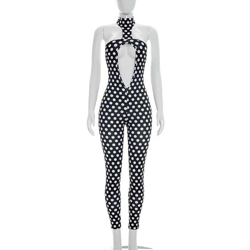 Polka-Dot-Print Jumpsuit für Damen, 1-teiliger Playsuit, Sexy Trendiger Rückenfreier Ärmelloser Neckholder-Romper mit Cut-Outs, Figurbetonter Coquette Midnight Club Einteiler – Detail 6