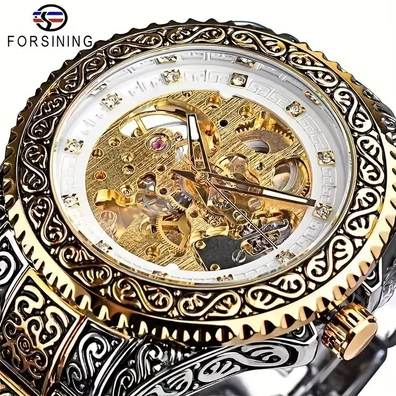 Top Luxury Men's Vintage Fashion Engraved Automatic Mechanical Watch Brand, Featuring a Luxurious Butterfly Clasp and Skeleton Mechanical Watch, the Best Gift for Him, No Batteries Needed