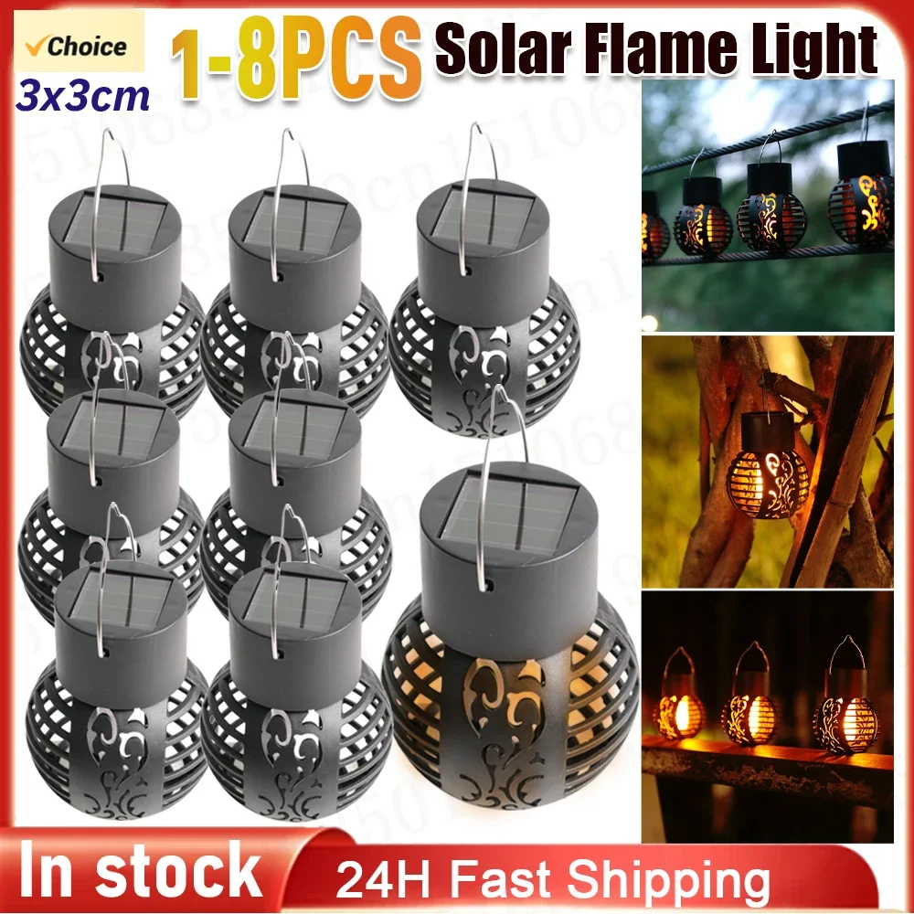 1-8pcs LED Solar Decorative Light Waterproof Hollow Ball Outdoor Flame Effect Hanging Lantern For Patio Garden Solar Fairy Light