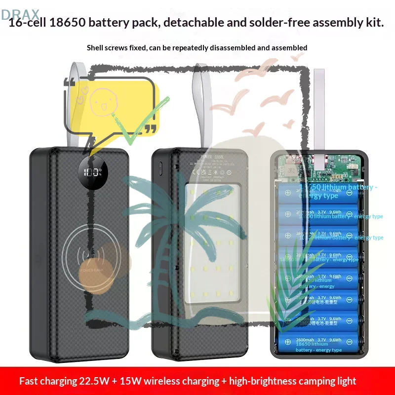 P12 12pcs 18650 Battery Power Bank Case Shell Diy Dual Usb Type C 10W 22.5W 15W Wireless Charging Battery Not Included For Phone