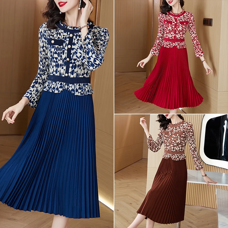 

Mike Pleated Dress2024 New Silk Printed Long sleeved O-neck Printed A-line Dress for Women's Loose Large Size Slimming Dress