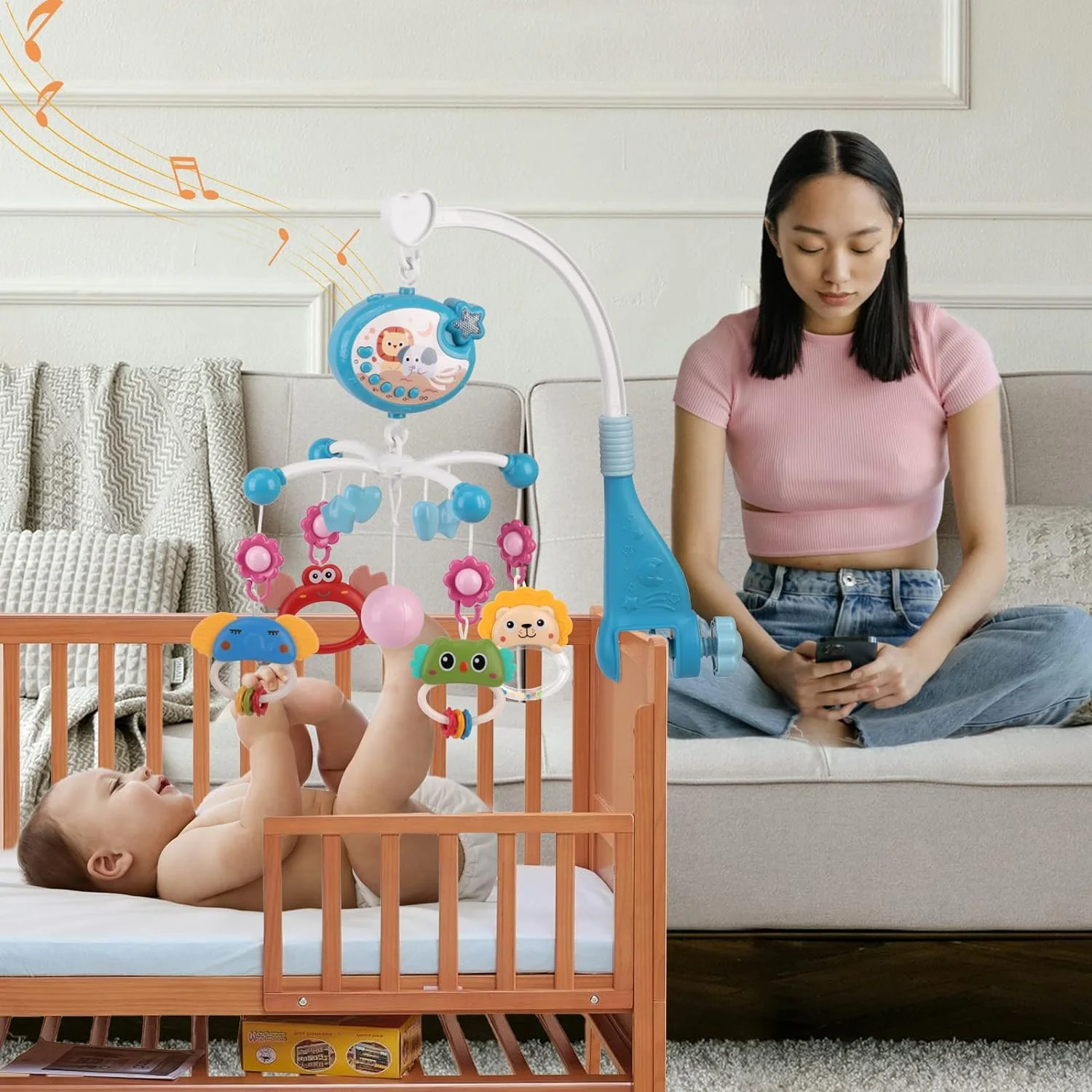 AnGku Hanging Baby Bed Bell with Music & Light Mobile Crib Toys for Newborn Montessori Rattles Cradle Baby Toys for 0-12 Months