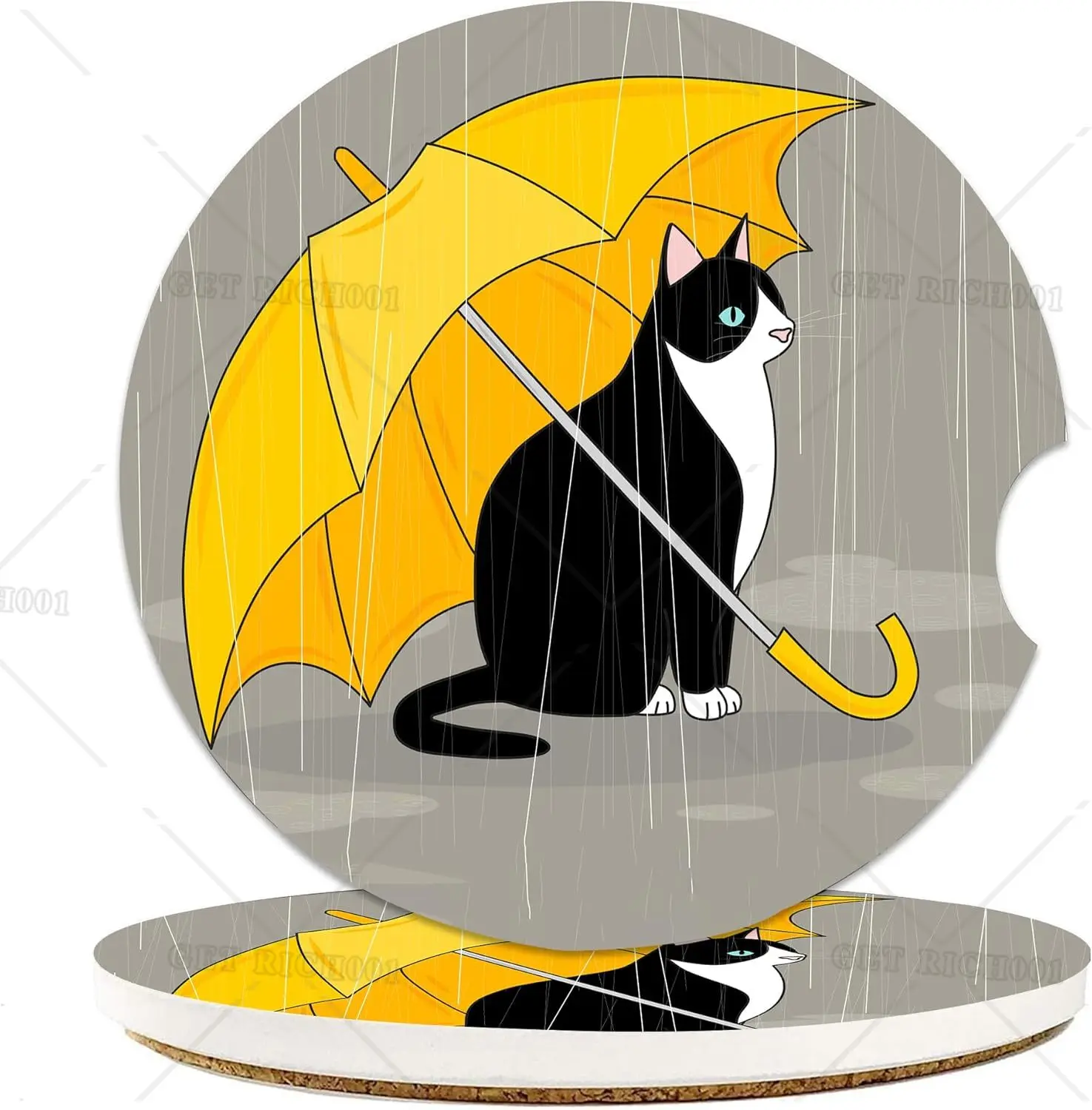 

Black Cat Rainy Car Coasters for Cup Holders Absorbent Ceramic Coaster with Cork Back Car Accessories Gifts for Men Women