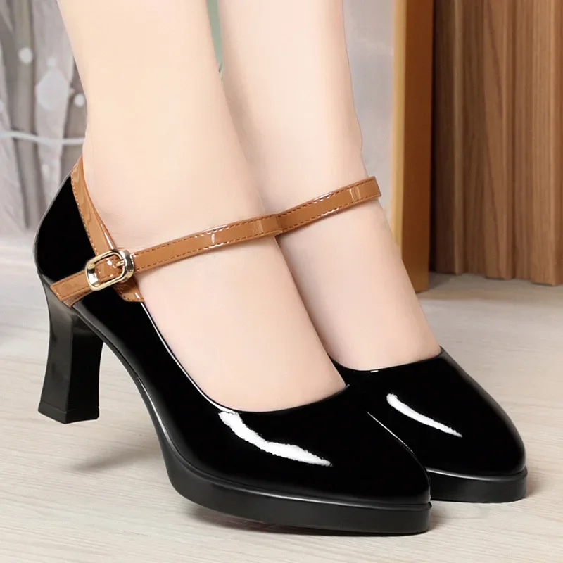 7cm Fashion Shallow Ankle Buckle Patent Leather Shoes Women\'s Mary Janes 2024 Spring Block High Heels Shoes for Office Model